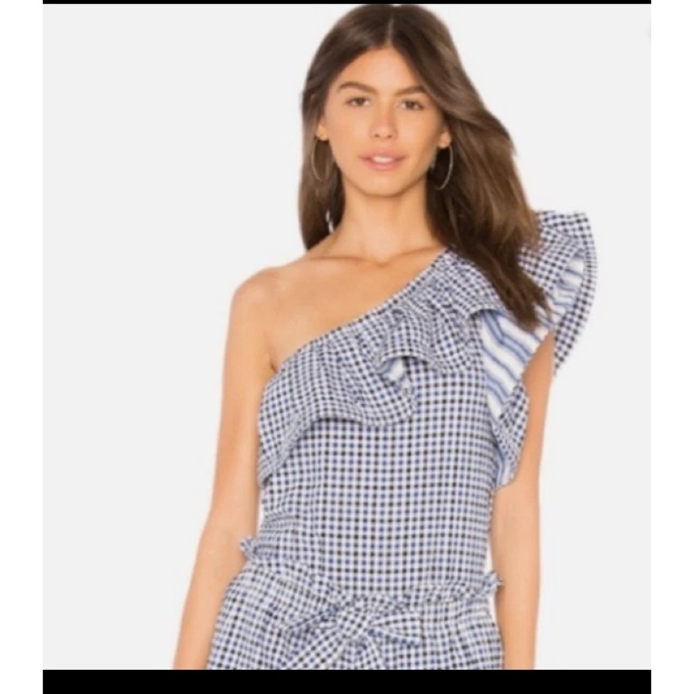 Misa Los Angeles Gilah One Shoulder Blue Gingham Ruffle Top XS Nautical Resort